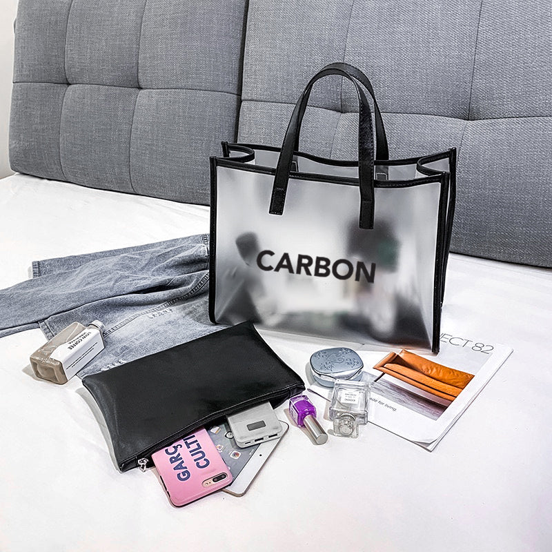 Carbon Frosted Matte Transparent Fashion Shopping HandBag - Black - carbon