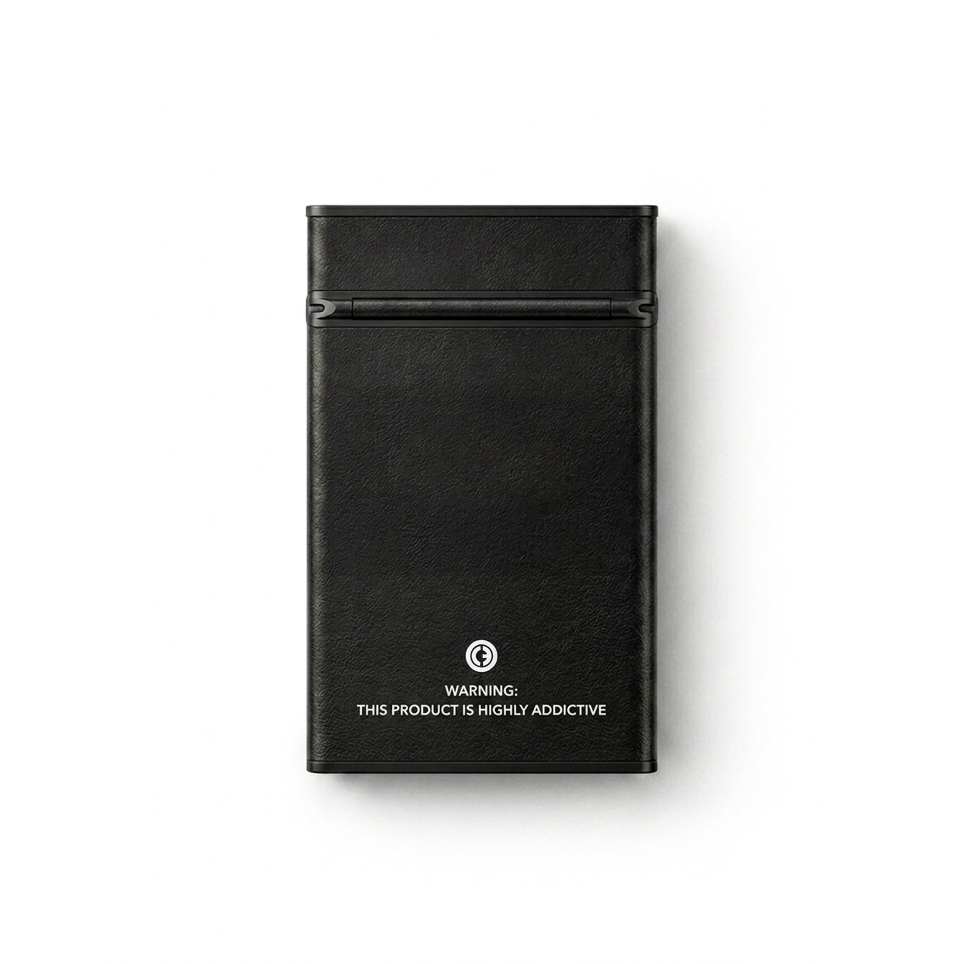 Black leather wallet with a humorous warning label on a white background