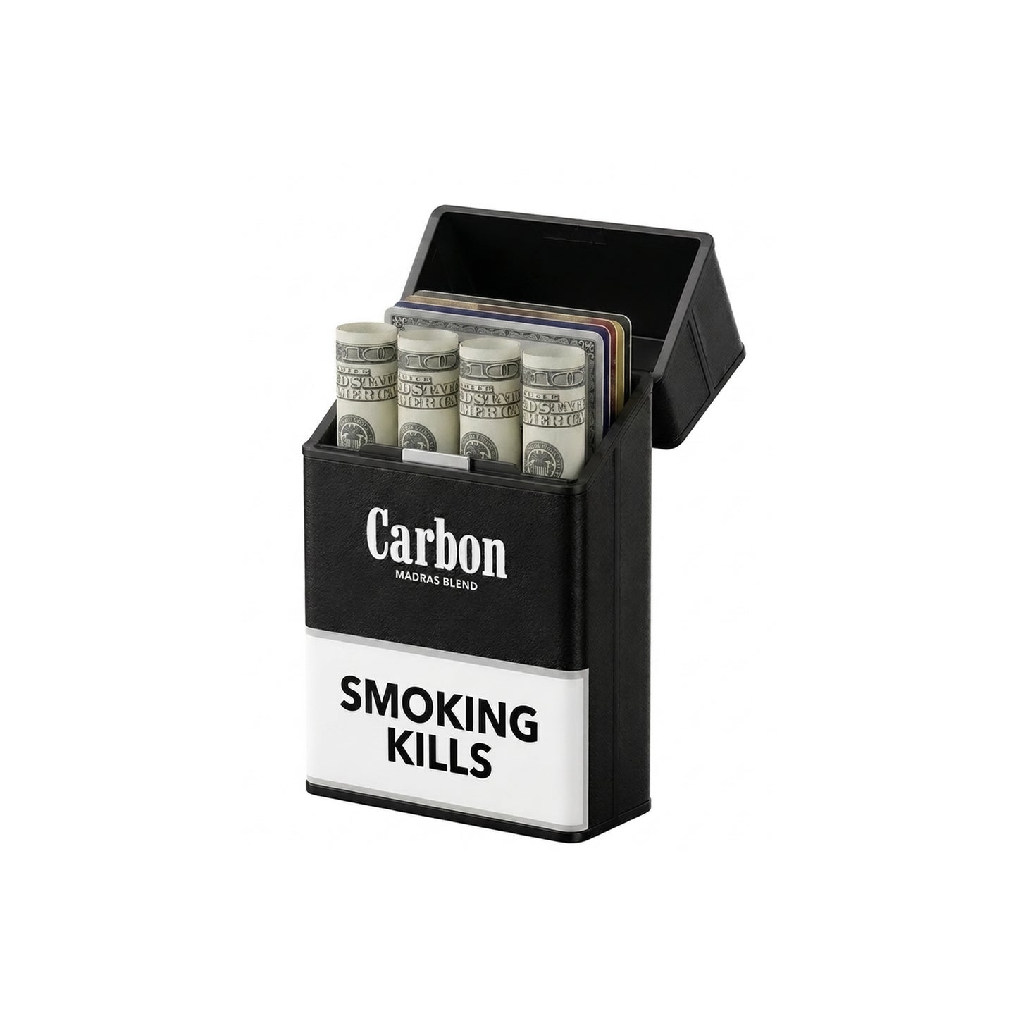 Black cigarette case with money and 'Carbon' branding, featuring a warning 'Smoking Kills'.