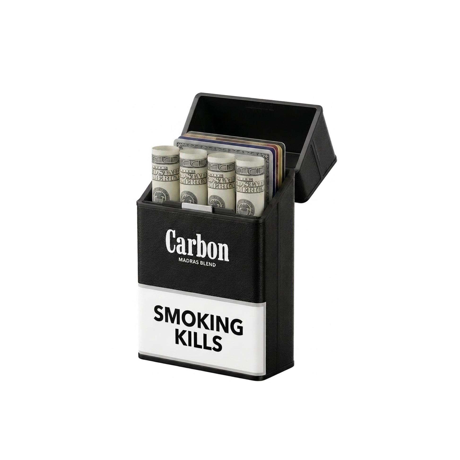Black cigarette case with money and 'Carbon' branding, featuring a warning 'Smoking Kills'.
